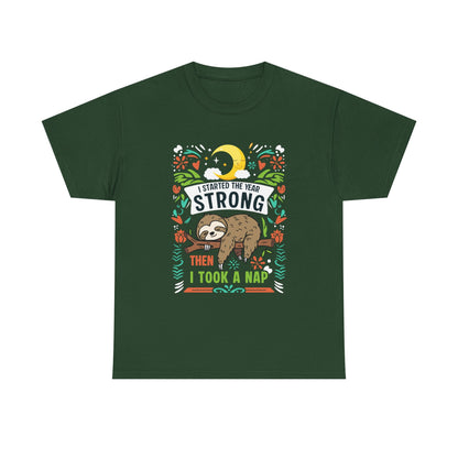 Sloth Nap T‑Shirt — "I Started the Year Strong Then I Took a Nap" Cute Lazy Animal Tee