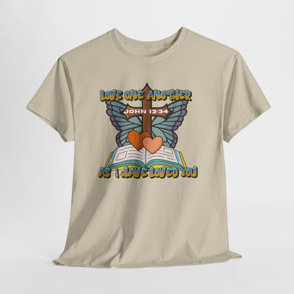 Christian Bible Tee — "Love One Another" John 13:34 Heart & Butterfly Graphic