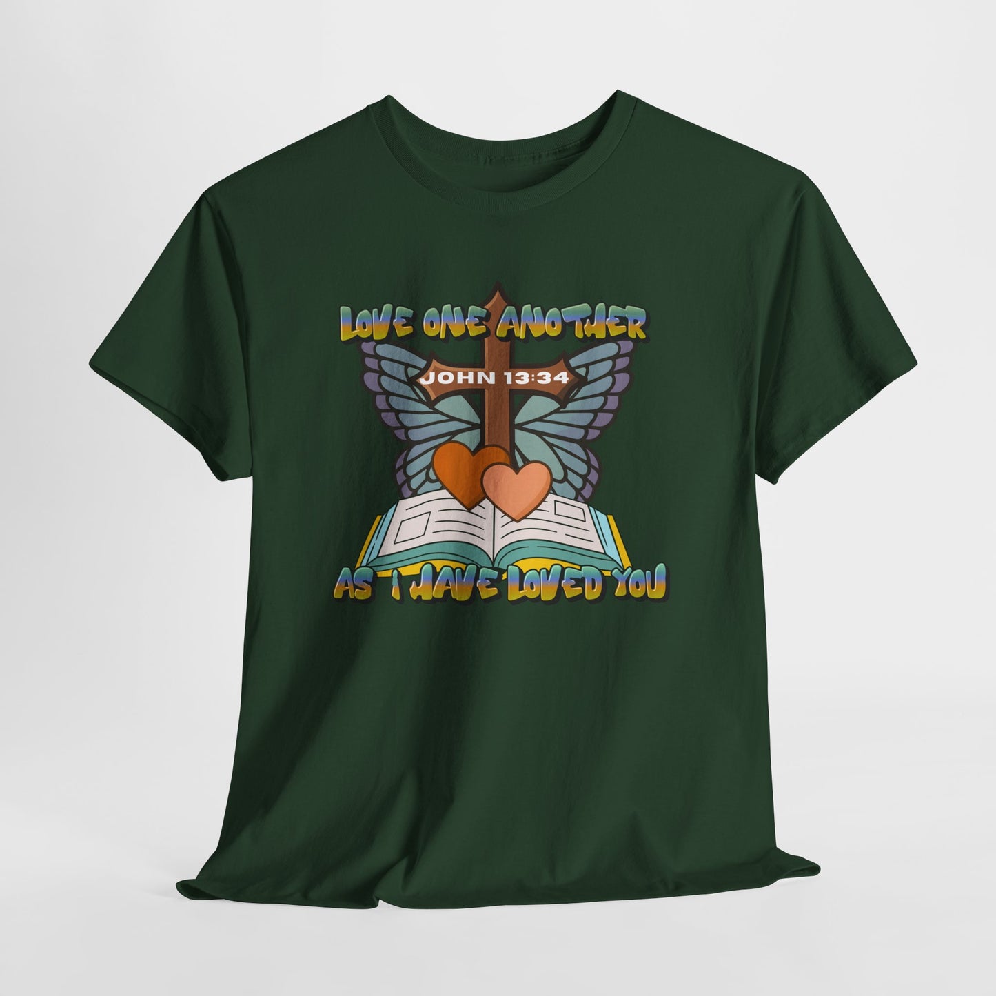 Christian Bible Tee — "Love One Another" John 13:34 Heart & Butterfly Graphic
