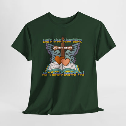Christian Bible Tee — "Love One Another" John 13:34 Heart & Butterfly Graphic