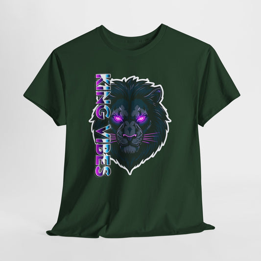Lion Vibes Graphic Tee — Neon Retro Cat with "King Vibes" Text