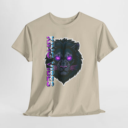 Lion Vibes Graphic Tee — Neon Retro Cat with "King Vibes" Text