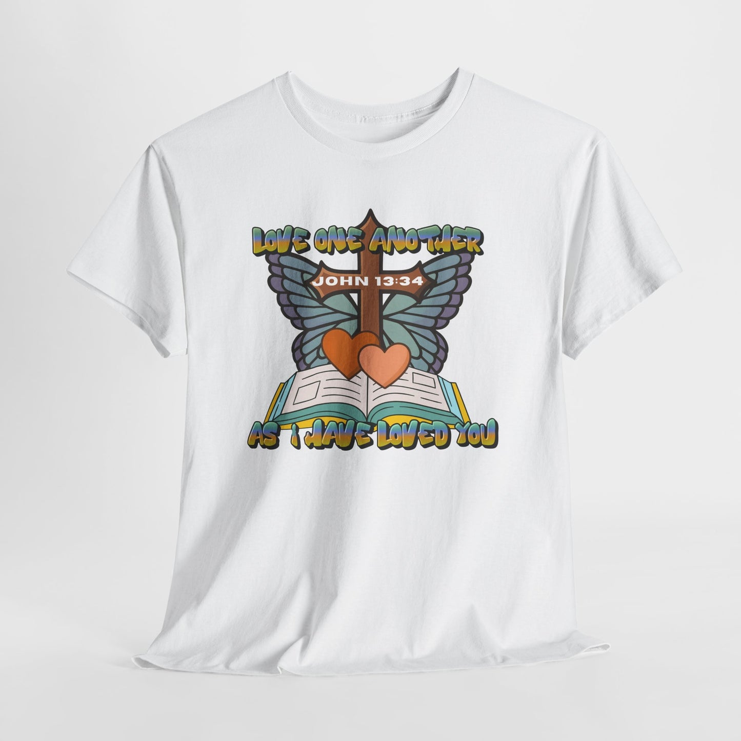 Christian Bible Tee — "Love One Another" John 13:34 Heart & Butterfly Graphic