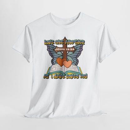 Christian Bible Tee — "Love One Another" John 13:34 Heart & Butterfly Graphic