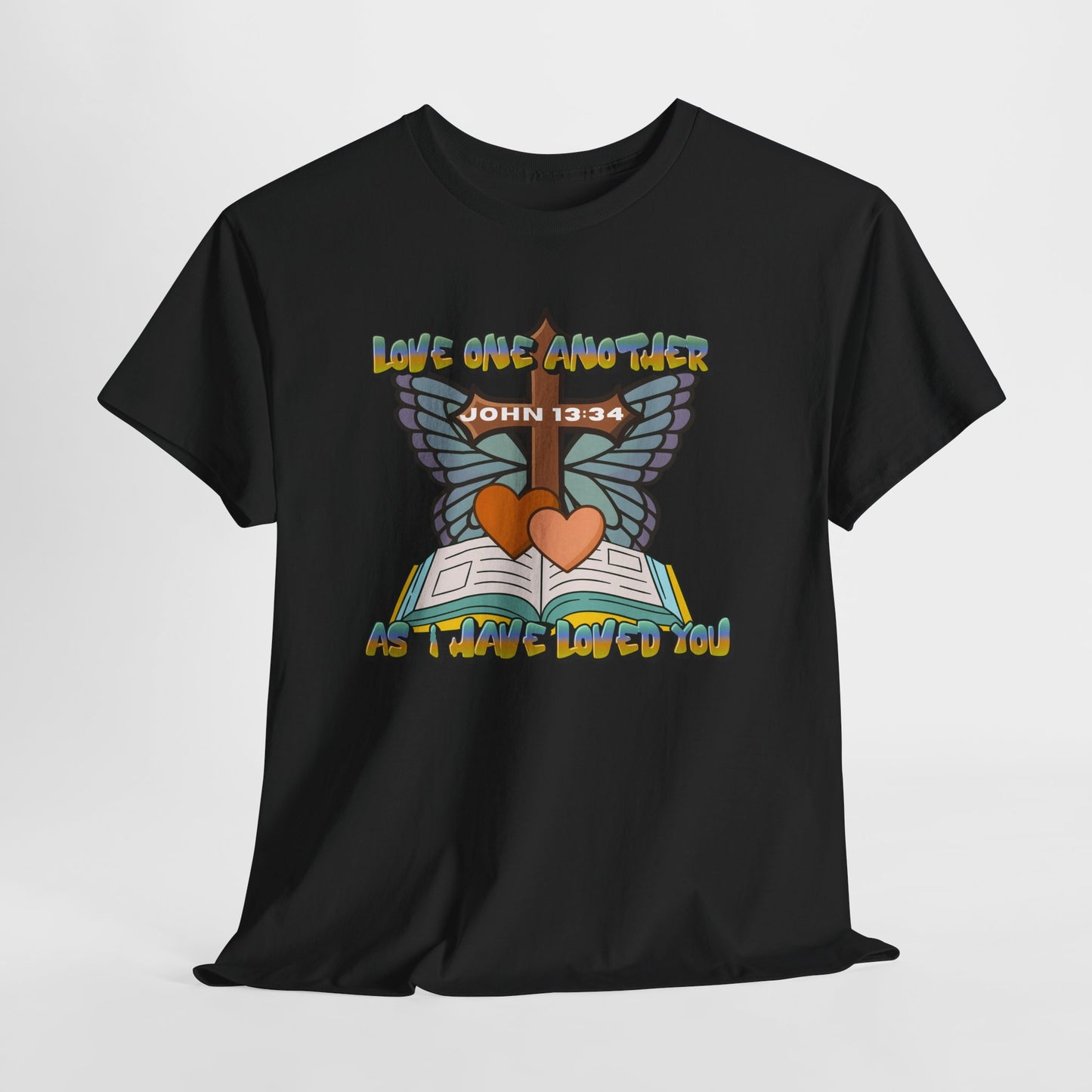 Christian Bible Tee — "Love One Another" John 13:34 Heart & Butterfly Graphic