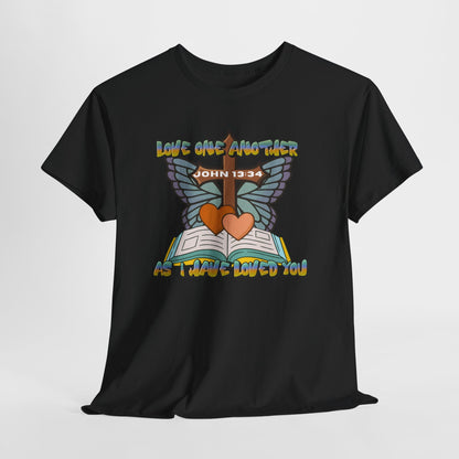 Christian Bible Tee — "Love One Another" John 13:34 Heart & Butterfly Graphic