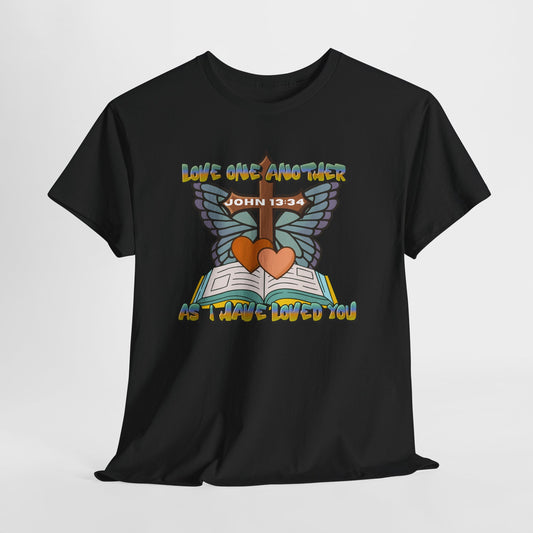 Christian Bible Tee — "Love One Another" John 13:34 Heart & Butterfly Graphic