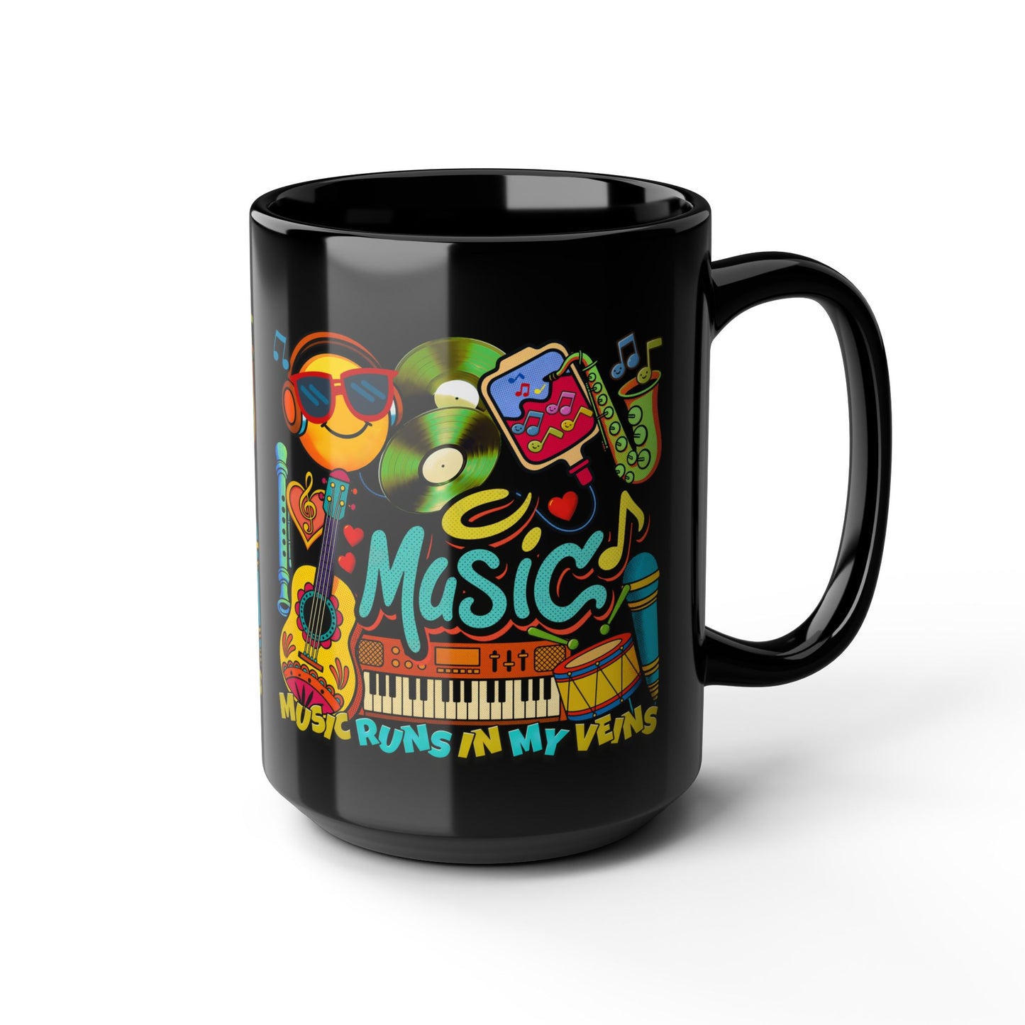 🎶☕ Music Runs In My Veins Mug 🎧✨– Colorful Music Lover Coffee Cup (11oz/15oz)