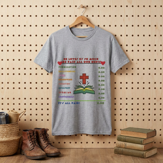 Christian Faith Checklist T-Shirt — "He Paid All Our Debts": Cross & Bible Graphic Tee