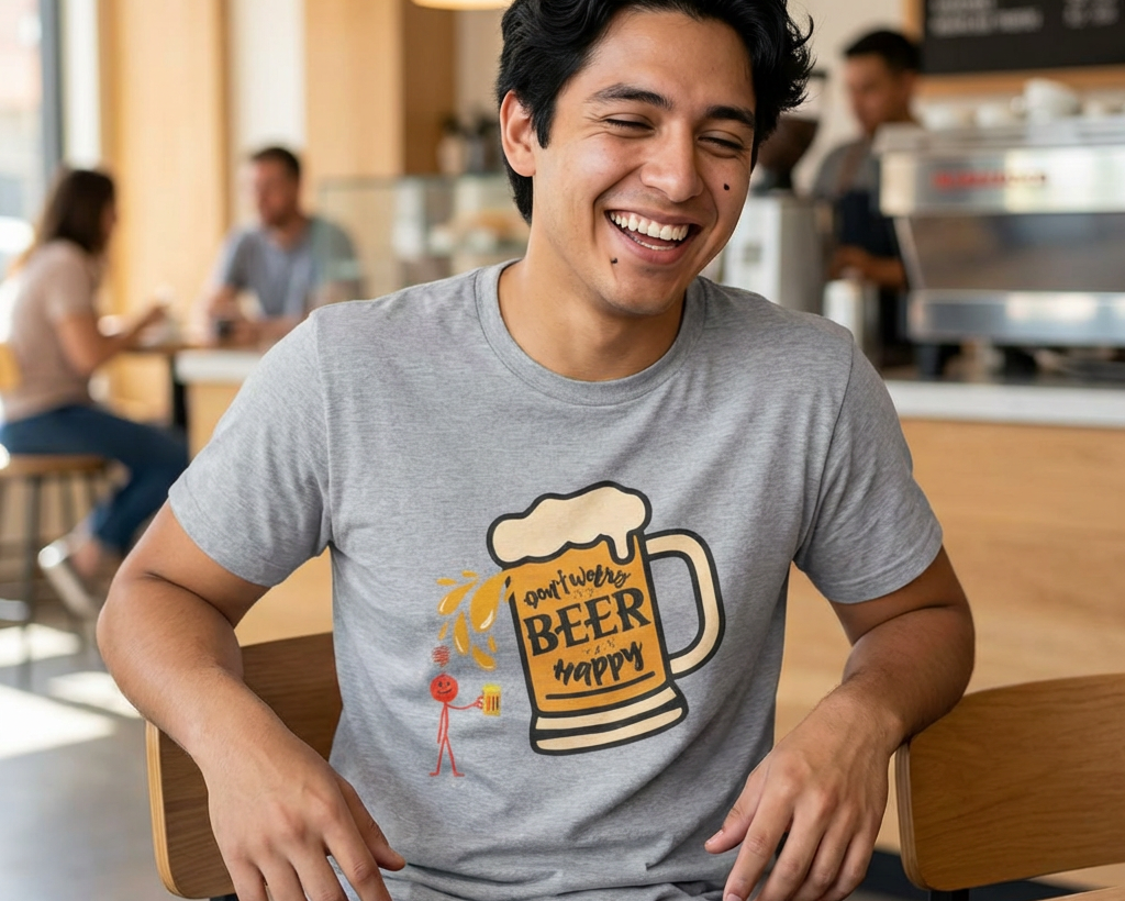 Beer Mug T‑Shirt — 'Don't Worry Beer Happy' Funny Drinking Tee