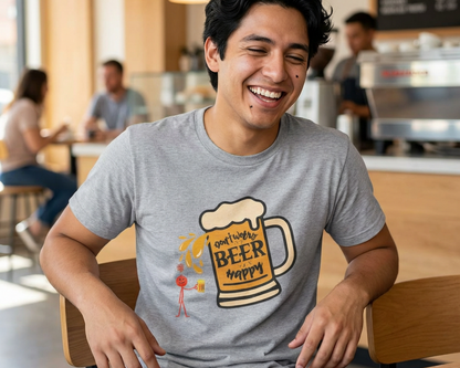 Beer Mug T‑Shirt — 'Don't Worry Beer Happy' Funny Drinking Tee