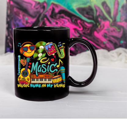 🎶☕ Music Runs In My Veins Mug 🎧✨– Colorful Music Lover Coffee Cup (11oz/15oz)