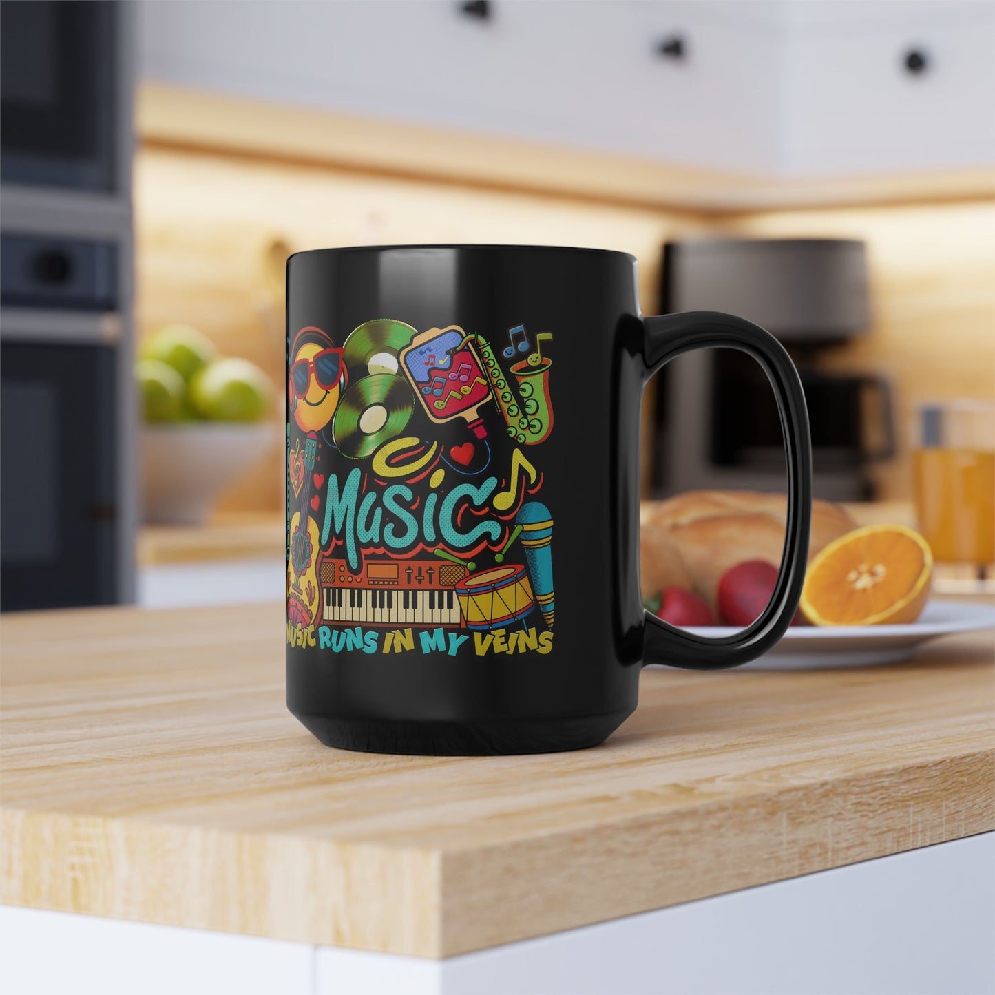 🎶☕ Music Runs In My Veins Mug 🎧✨– Colorful Music Lover Coffee Cup (11oz/15oz)