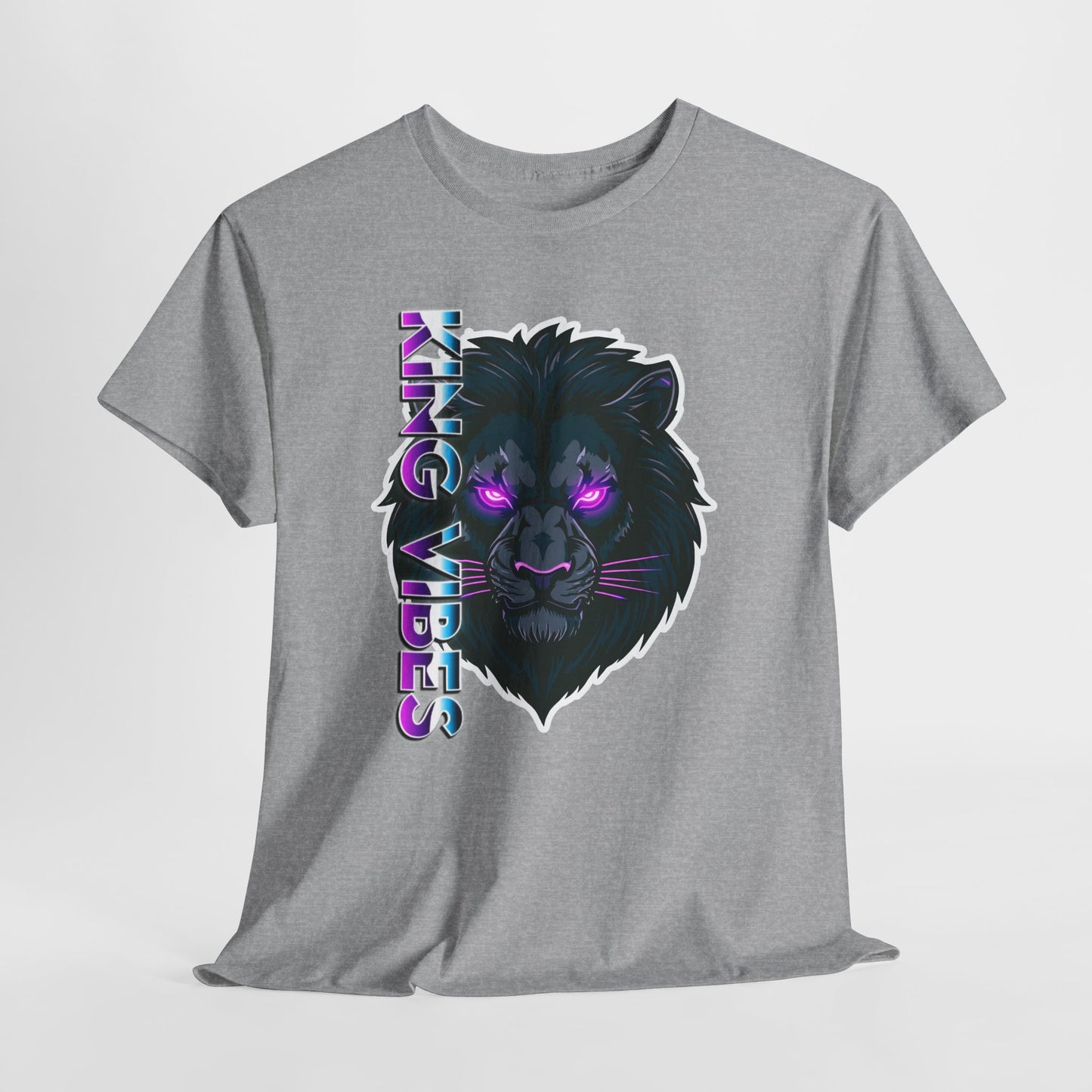 Lion Vibes Graphic Tee — Neon Retro Cat with "King Vibes" Text