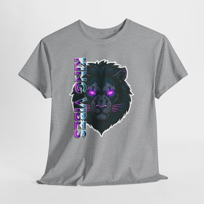 Lion Vibes Graphic Tee — Neon Retro Cat with "King Vibes" Text