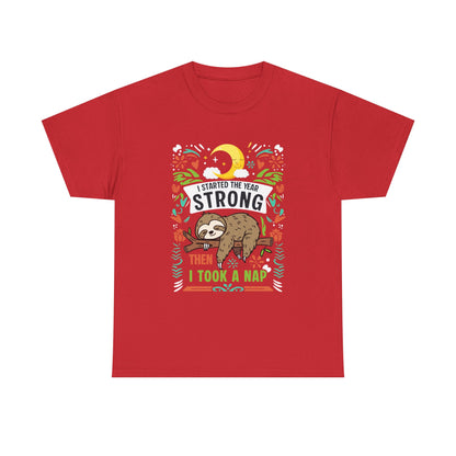 Sloth Nap T‑Shirt — "I Started the Year Strong Then I Took a Nap" Cute Lazy Animal Tee