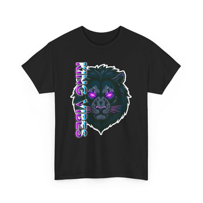 Lion Vibes Graphic Tee — Neon Retro Cat with "King Vibes" Text