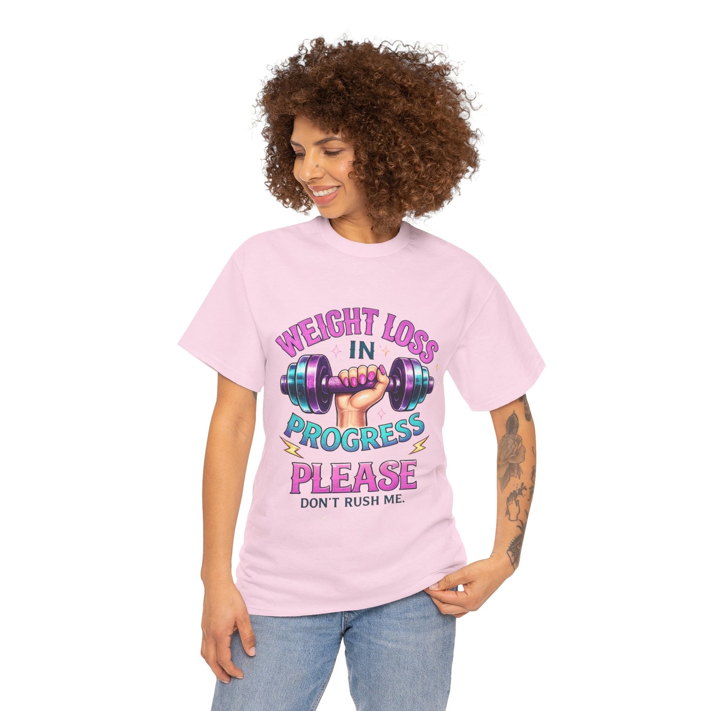 Weight Loss In Progress Please T‑Shirt — Funny Motivational Gym Tee