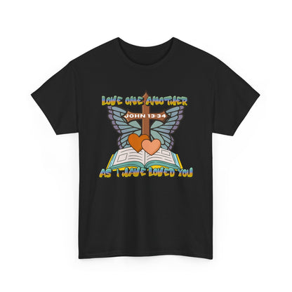 Christian Bible Tee — "Love One Another" John 13:34 Heart & Butterfly Graphic