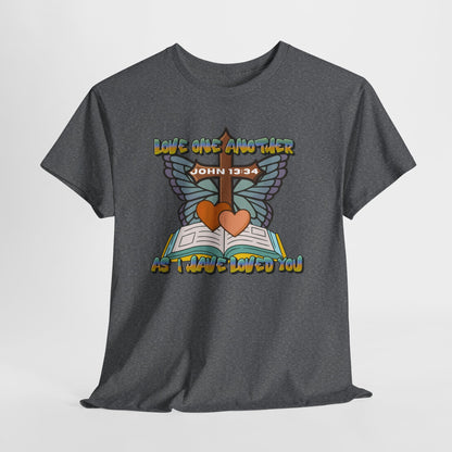 Christian Bible Tee — "Love One Another" John 13:34 Heart & Butterfly Graphic