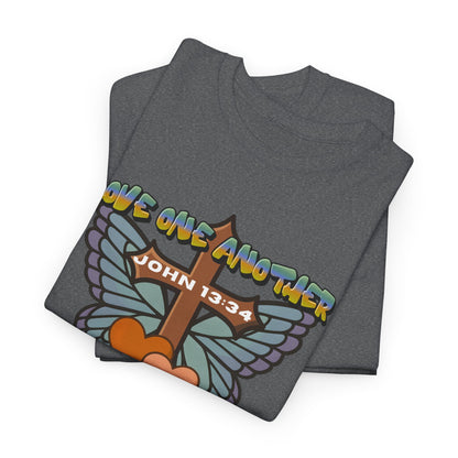 Christian Bible Tee — "Love One Another" John 13:34 Heart & Butterfly Graphic