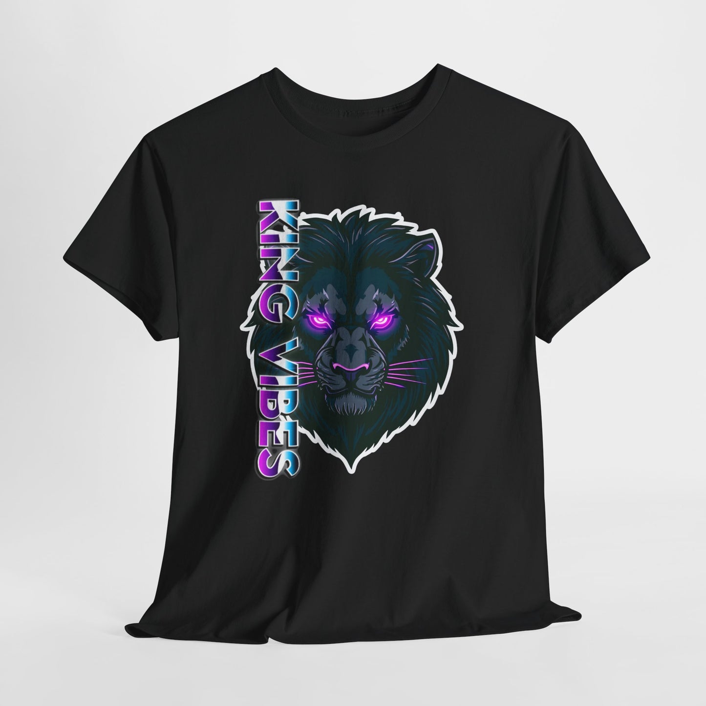 Lion Vibes Graphic Tee — Neon Retro Cat with "King Vibes" Text