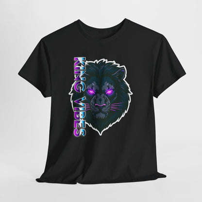 Lion Vibes Graphic Tee — Neon Retro Cat with "King Vibes" Text