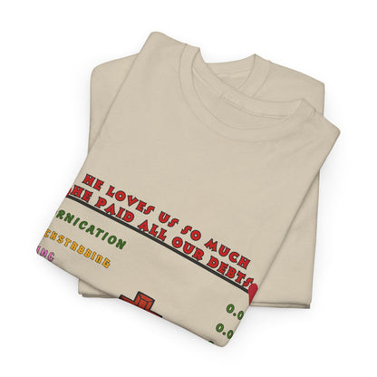 Christian Faith Checklist T-Shirt — "He Paid All Our Debts": Cross & Bible Graphic Tee